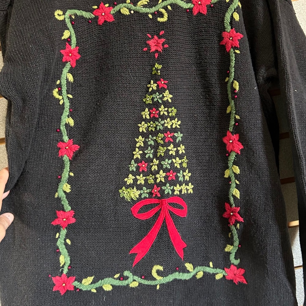Kathie Lee Christmas Sweater Poinsettia Tree Black Holiday Festive Womens L‎ VTG